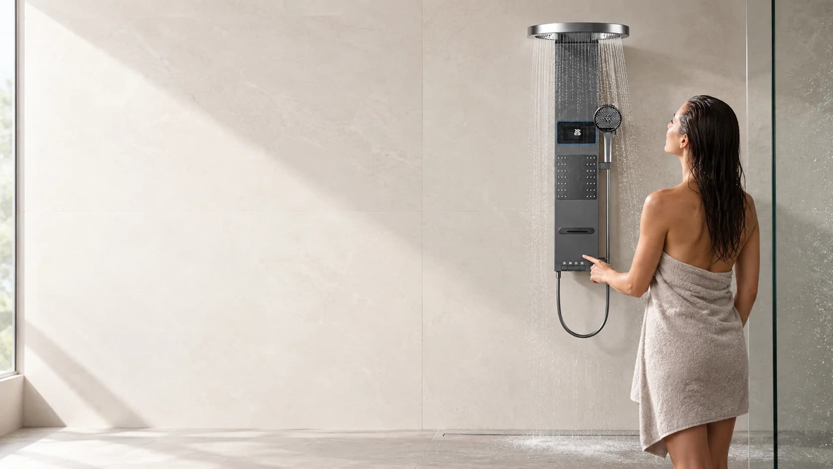 Das Duschpaneel BSE1424 ist als Aufputzlösung an der Rückwand des Badezimmers montiert; rechts prüft eine Person den Wasserstrahl aus dem eindeutig erkannten Auslauf.