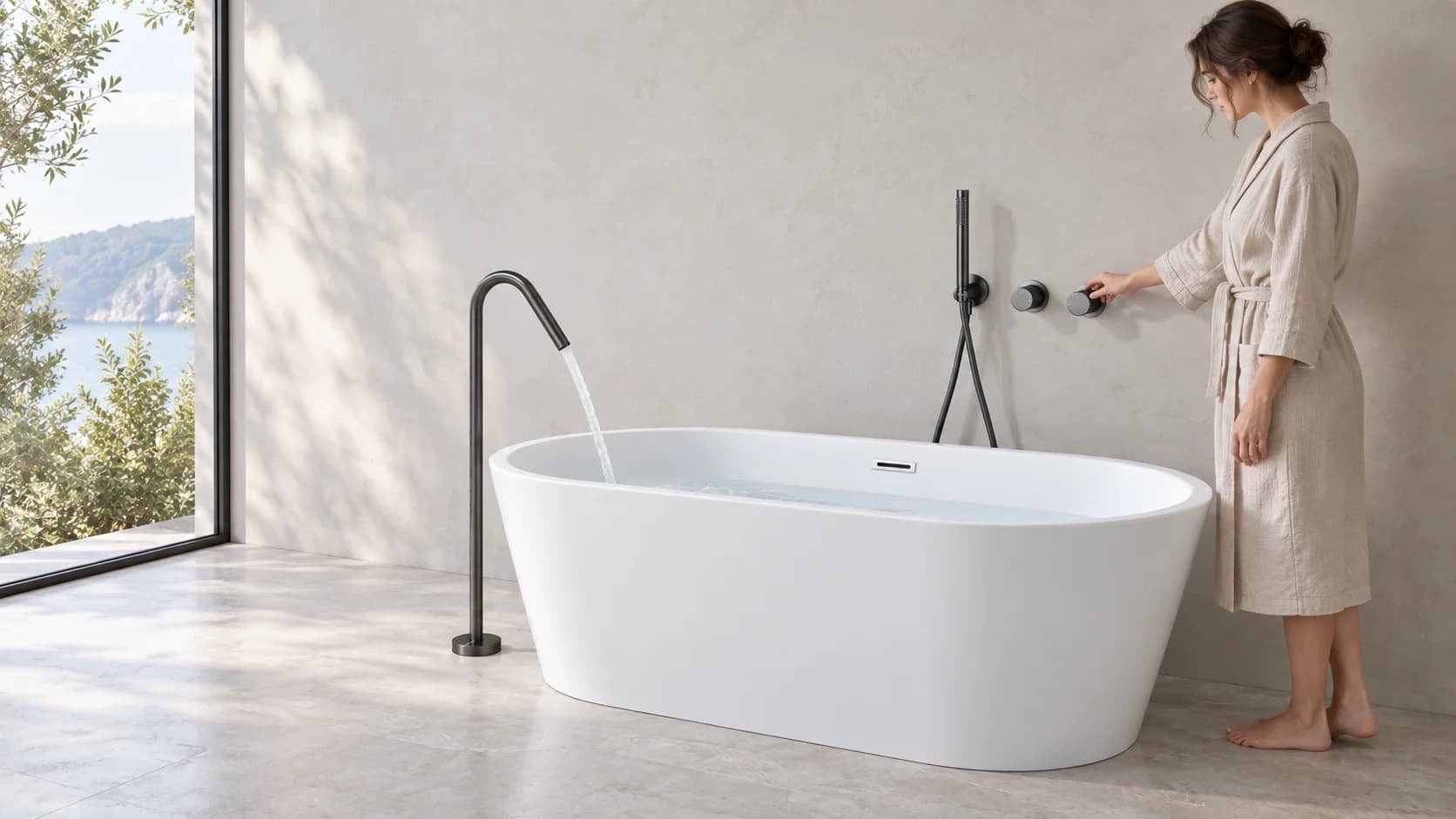 Eine Person bedient an der Badewanne die komplette Unterputzarmatur BSC1669 in gebürstetem Gold mit Wasserfallauslauf, Handbrause, Temperaturanzeige und LED-Beleuchtung.