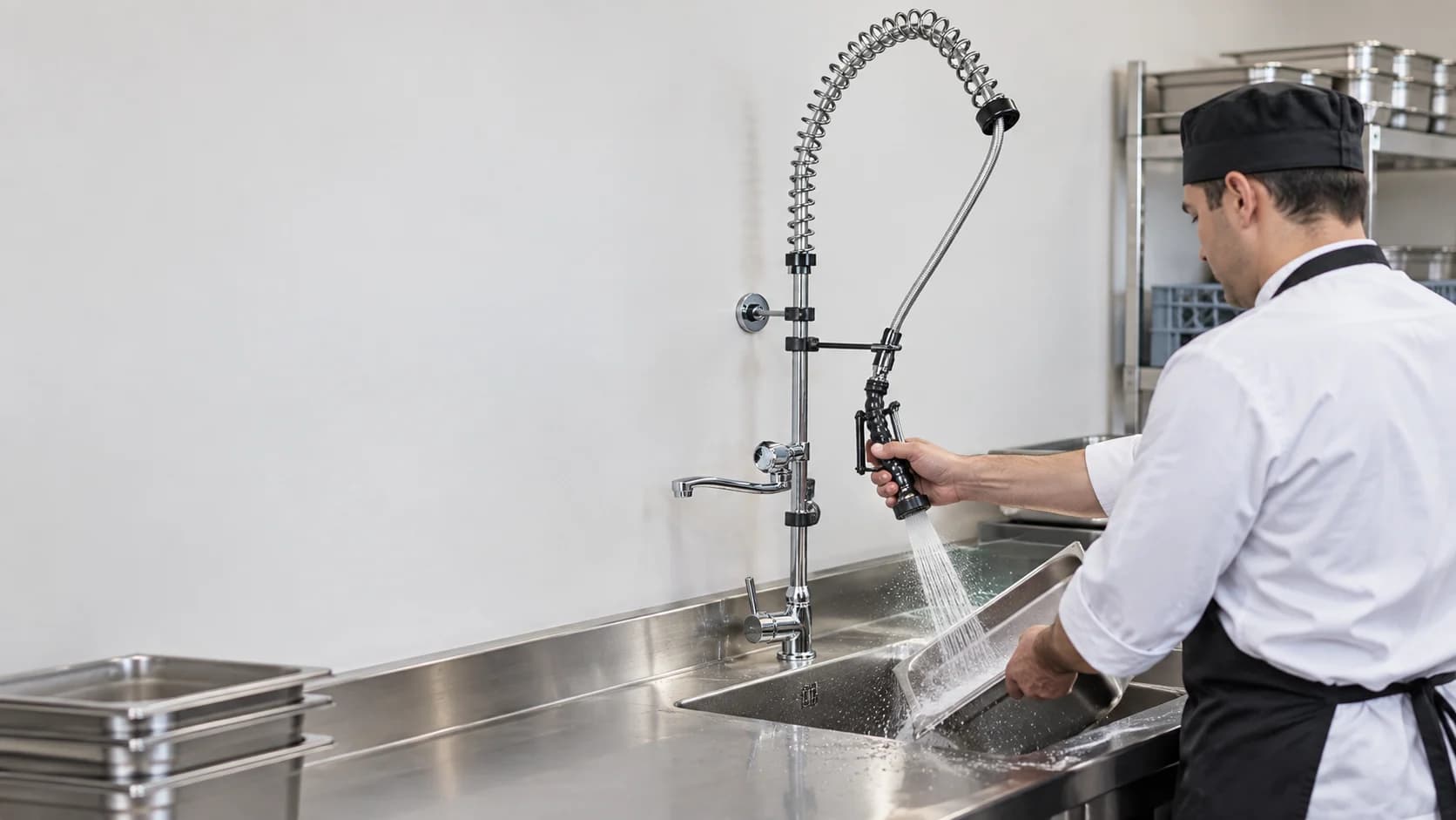 Professionelle Küchenarmatur EYN PA1311 mit verchromter Feder, schwarzer Handbrause und separatem Auslauf über einem Edelstahlspülbecken; eine Köchin trocknet Porzellan am Spülplatz ab.