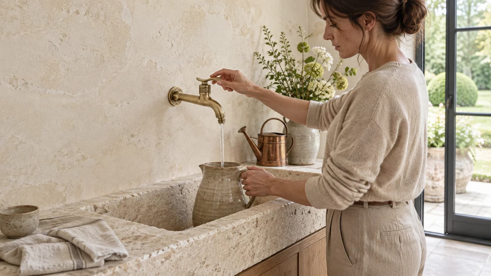 Schwarzer rustikaler Wandwasserhahn CW1347 mit zwei Ausläufen über einer Arbeitsplatte, während eine Person rechts Kaltwasser zapft.