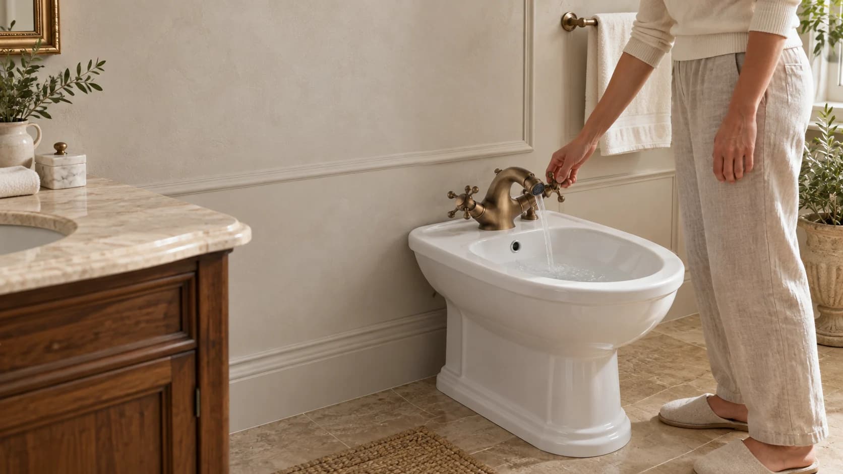 Bidetarmatur AQB1144 im Antikstil auf einem klassischen Bidet; rechts prüft eine Person den Wasserstrahl in einem realistisch eingerichteten Badezimmer.