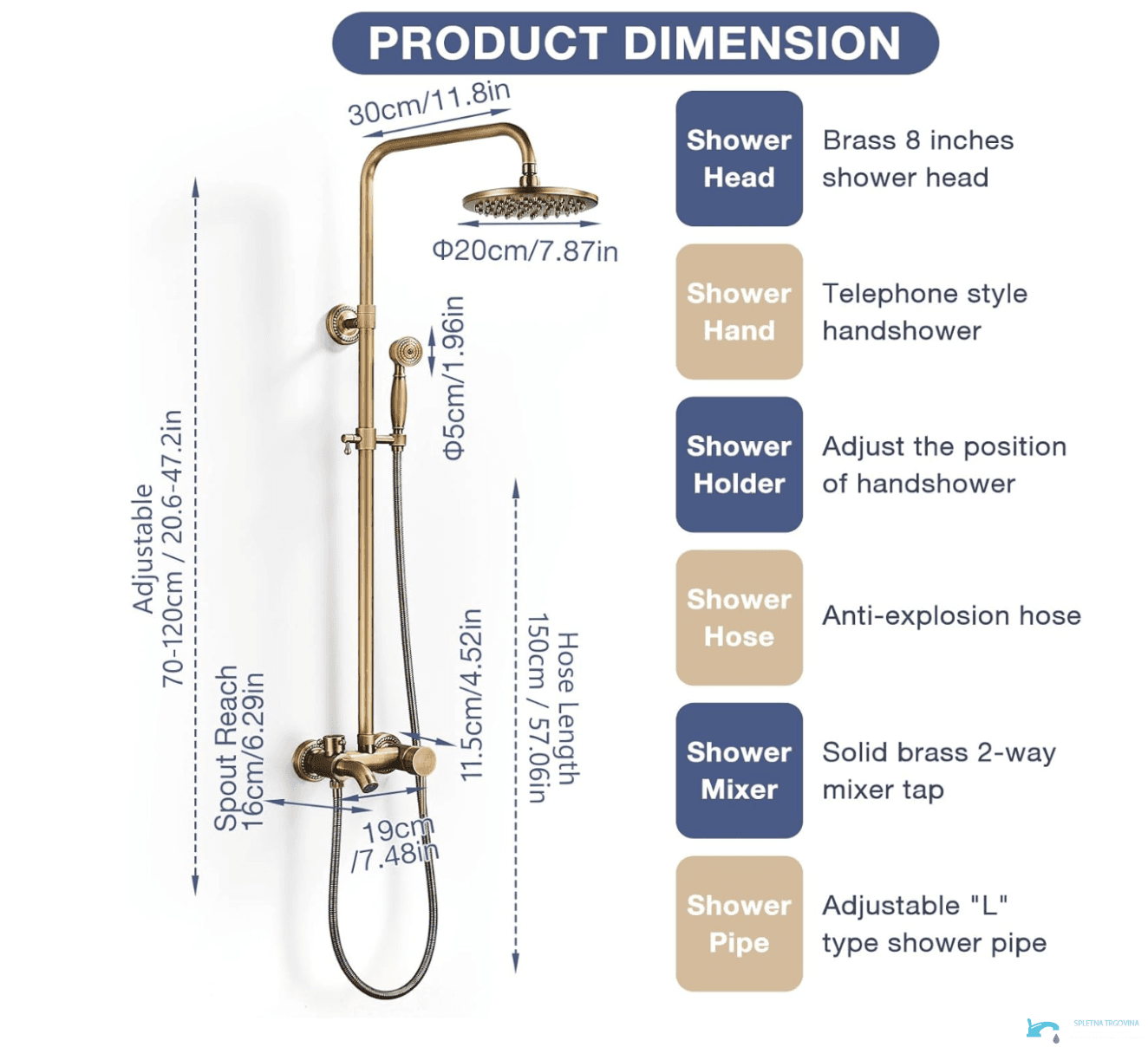 Aufputz-Duschsystem EYN BTA1513 mit schwenkbarem Auslauf in Bronzebraun oder Bronzegold