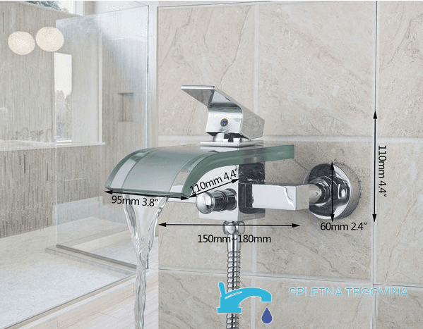 Badewannenarmatur EYN SK0264 zur Wandmontage mit Wasserfallauslauf aus gehärtetem Glas in mehreren Farbausführungen, darunter Chrom und Schwarz