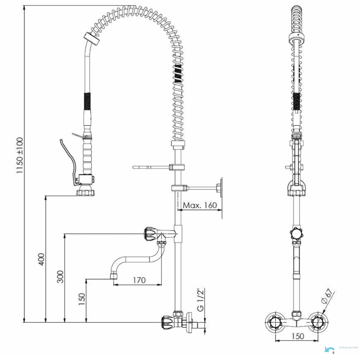 Professionelle Wand-Küchenarmatur EYN SPRO1228 mit Ausziehbrause in Chrom