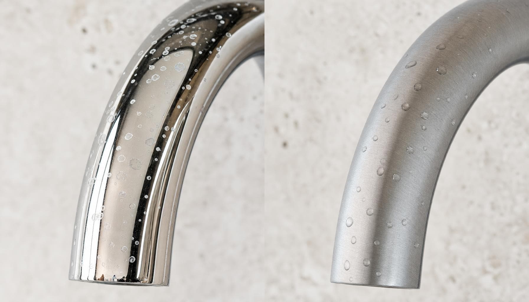 Vergleich einer hochglanzpolierten und einer gebürsteten Armaturenoberfläche mit Wassertropfen