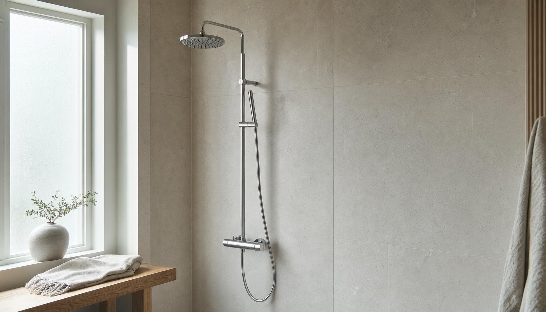 Aufputz-Thermostat-Duschsystem mit Regendusche, Mischbatterie und Handbrause an der Wand eines hellen Badezimmers