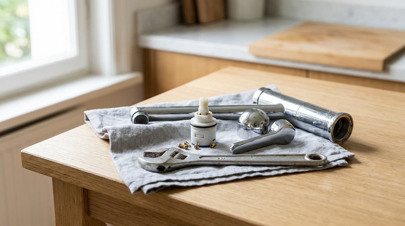 Zerlegte Einhebelarmatur mit Keramikkartusche und Werkzeug auf einem Holztisch