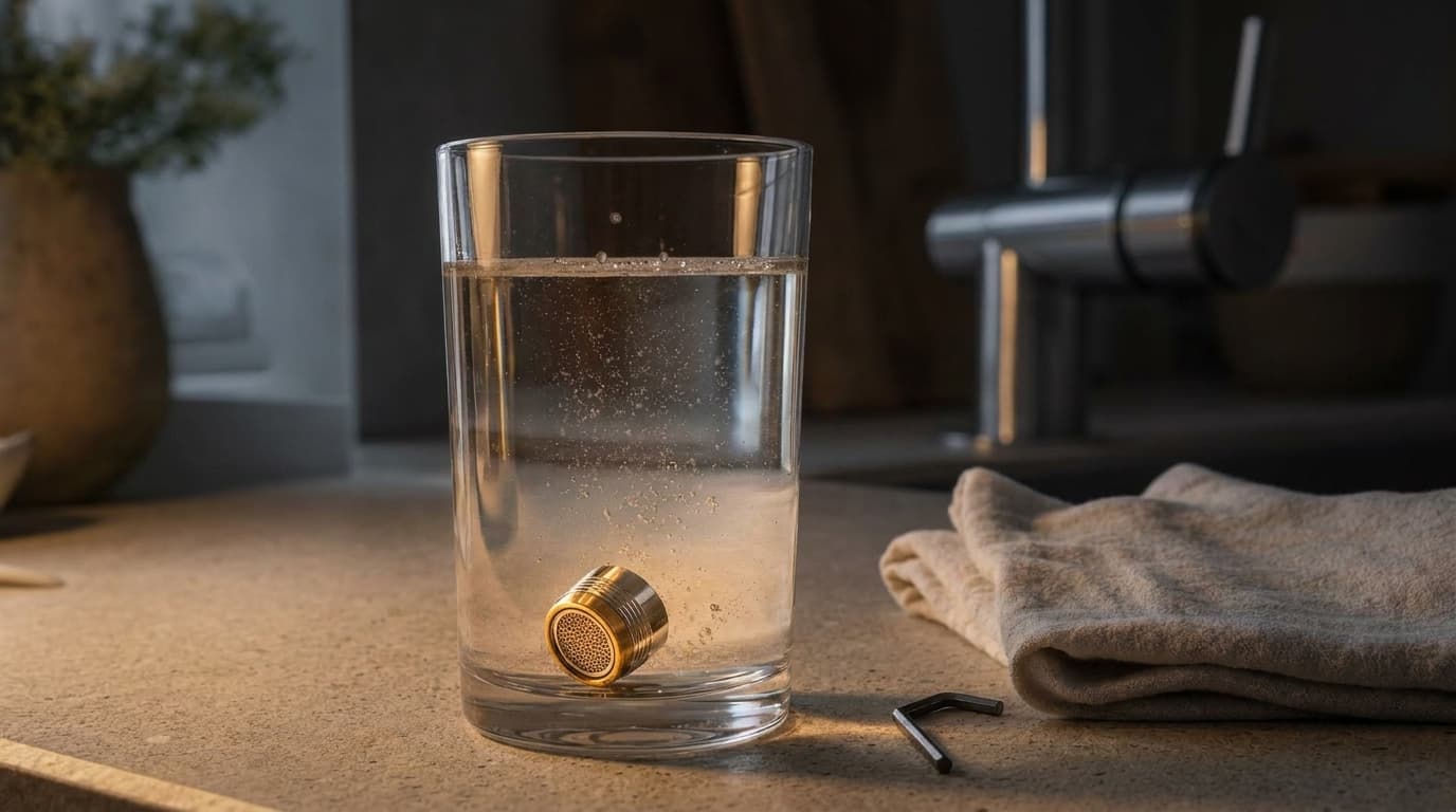 Abgeschraubter Strahlregler in einem Glas warmem Wasser mit Reiniger, verchromte Armatur im Hintergrund