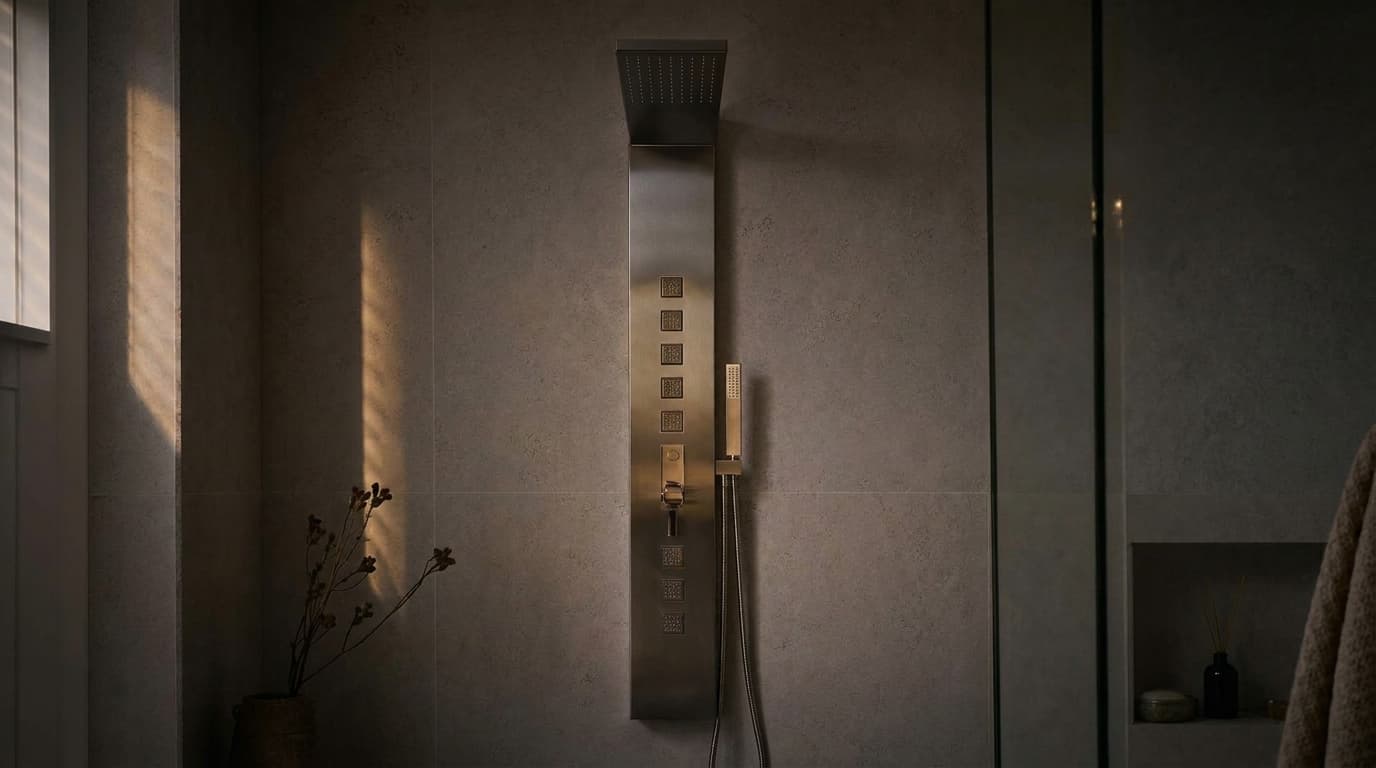 Aufputz-Duschpaneel mit Regendusche und Handbrause, an einer gefliesten Wand eines kleinen Badezimmers montiert