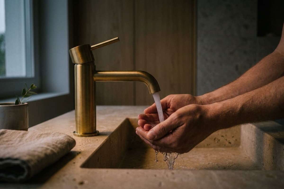 Gebürstete goldene Badarmatur über einem runden Aufsatzwaschbecken