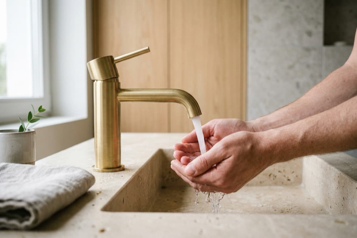 Gebürstete goldene Badarmatur über einem runden Aufsatzwaschbecken