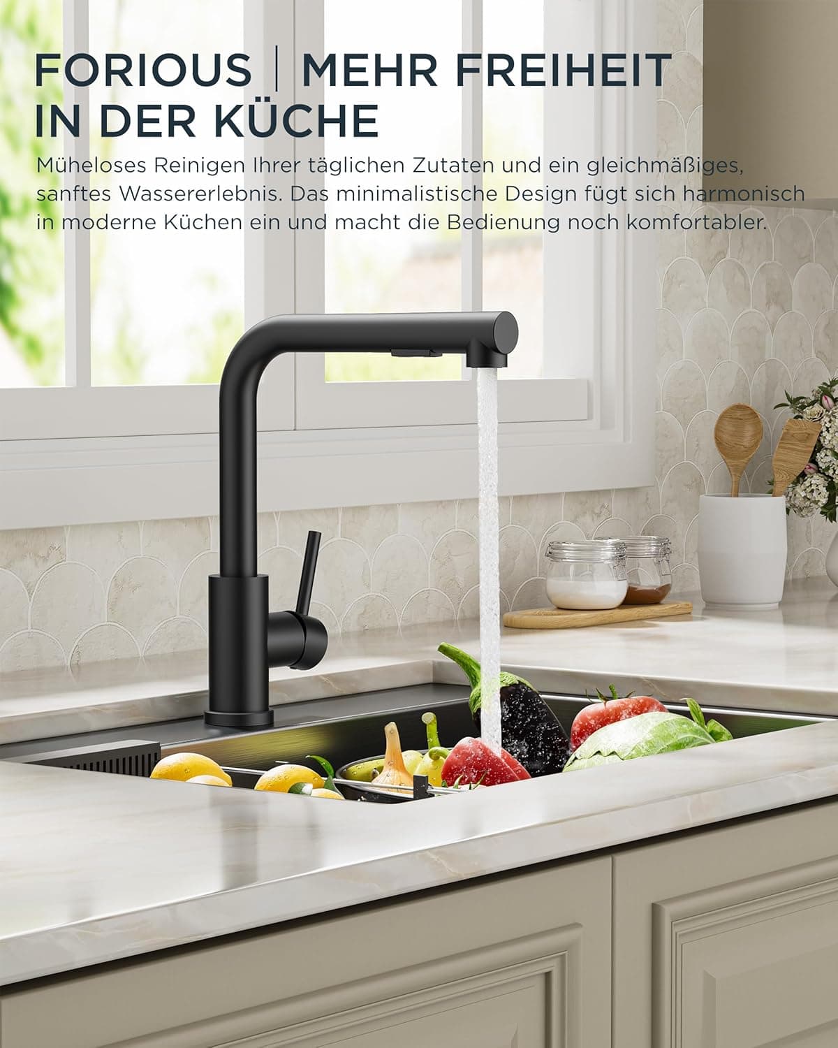 Niederdruck-Küchenarmatur ELITE EDITION KFL2244 mit Ausziehbrause und Schwenkauslauf in Silber, Chrom oder Mattschwarz