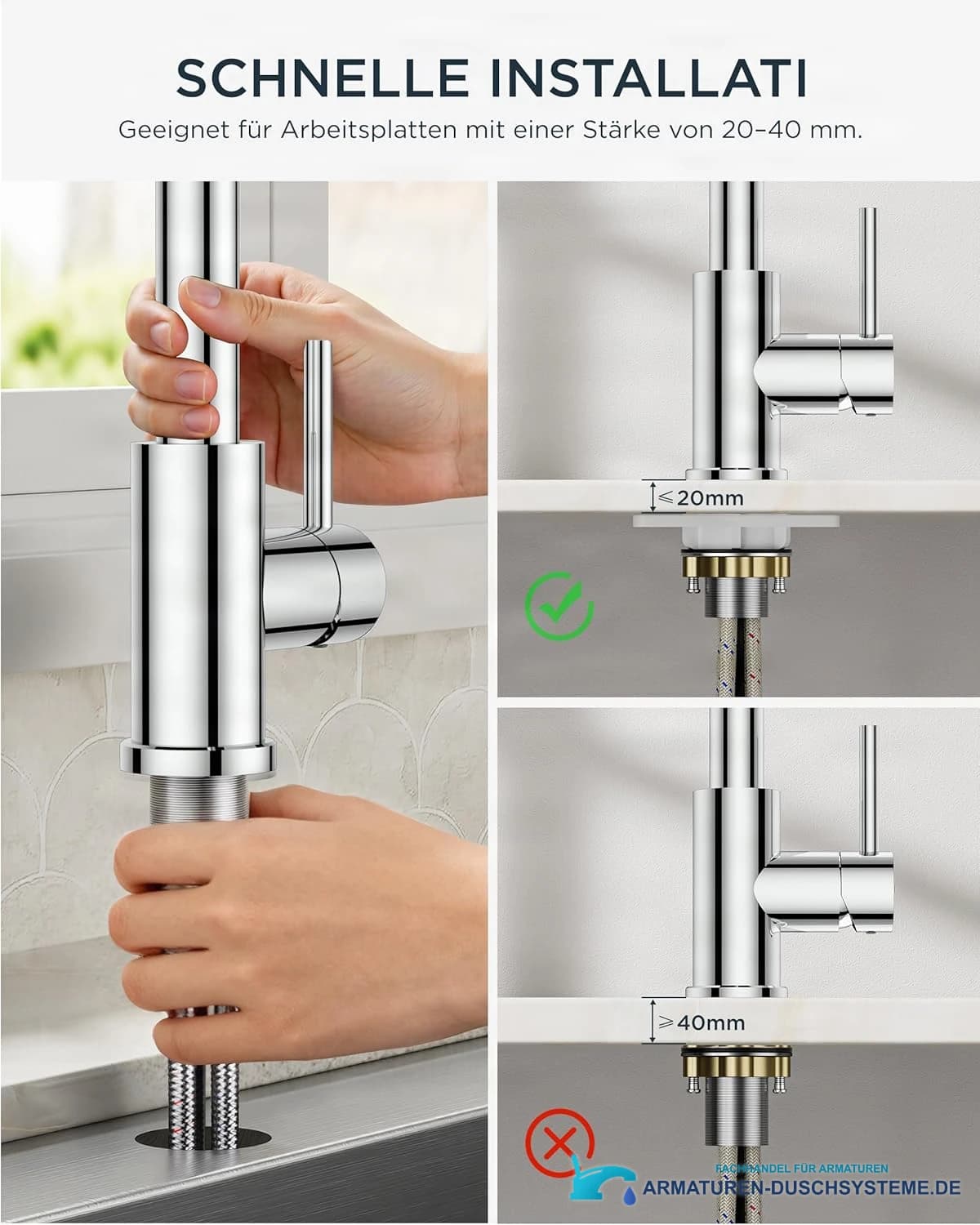 Niederdruck-Küchenarmatur ELITE EDITION KFL2244 mit Ausziehbrause und Schwenkauslauf in Silber, Chrom oder Mattschwarz