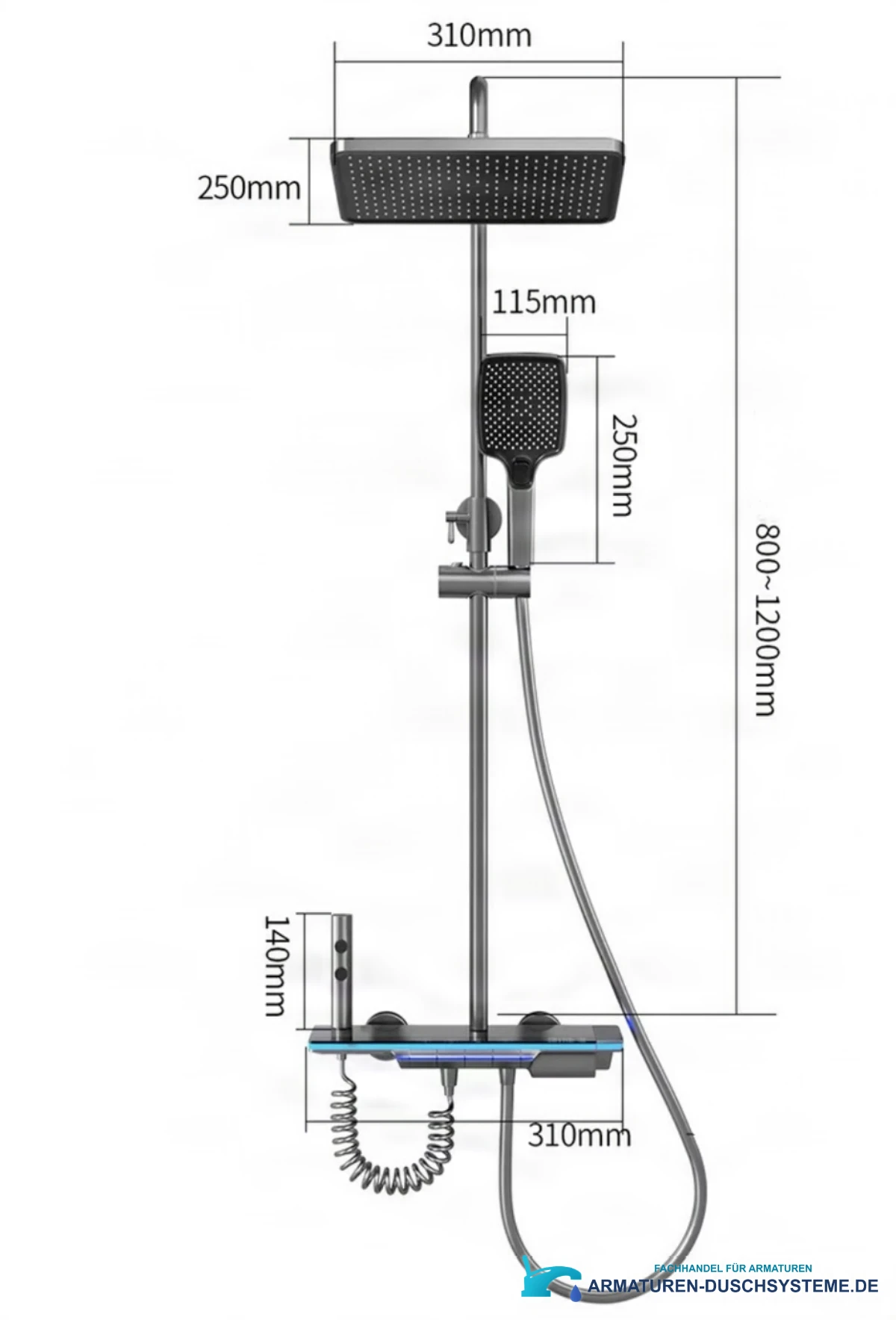 Aufputz-Duschsystem ELITE EDITION BSE1307 mit LED, Massagedüsen und Wasserfallauslauf in mehreren Farbausführungen