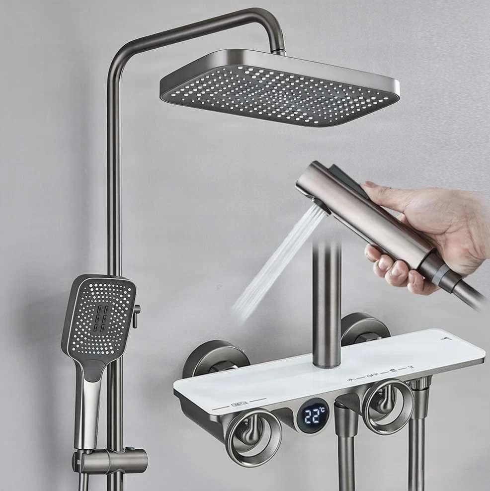 Aufputz-Duschsystem ELT1104 mit Thermostat, Digitalanzeige und vier Ausgängen in mehreren Farbausführungen, gebürstet