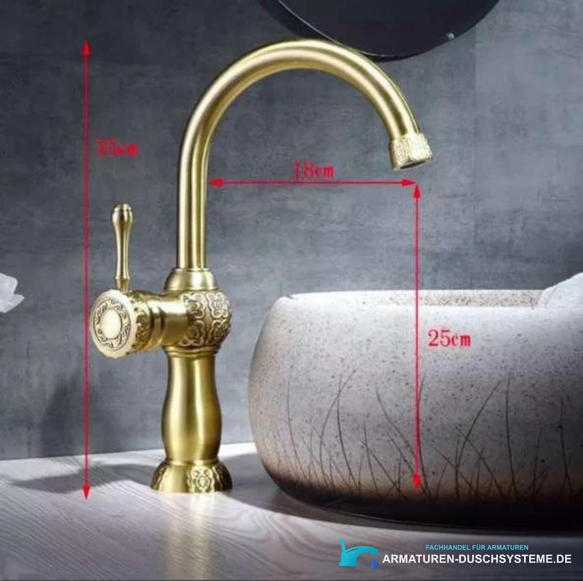 Maßangaben der goldfarbenen Waschtischarmatur BK3242: 35 cm Höhe, 18 cm Ausladung