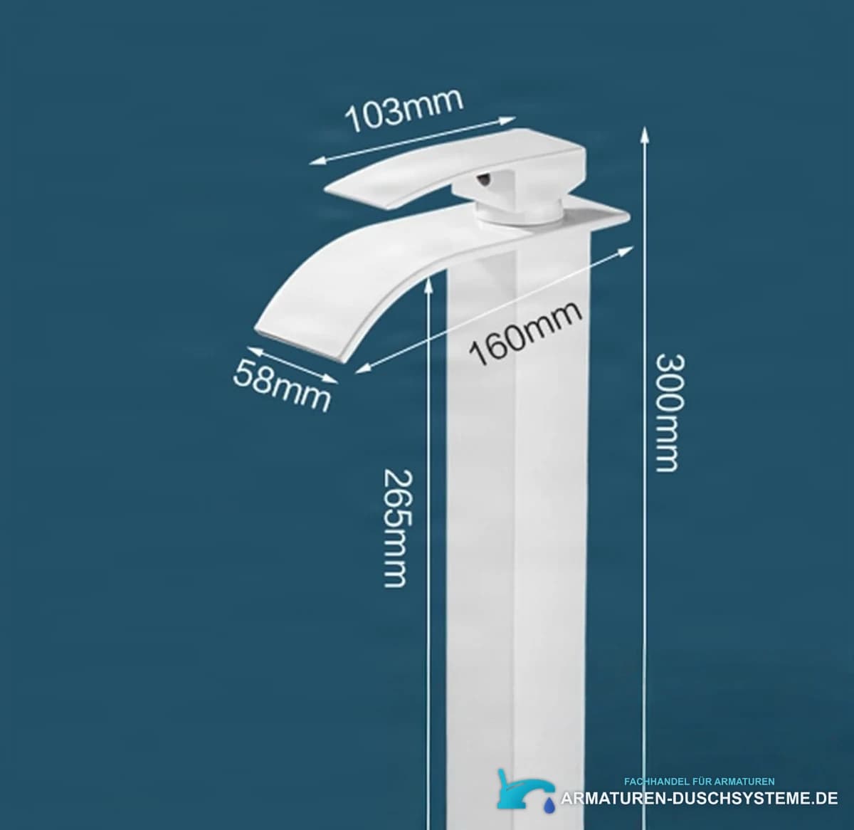 Technische Zeichnung der Waschtischarmatur EYN103 (300 mm, 265 mm, 160 mm, 103 mm)
