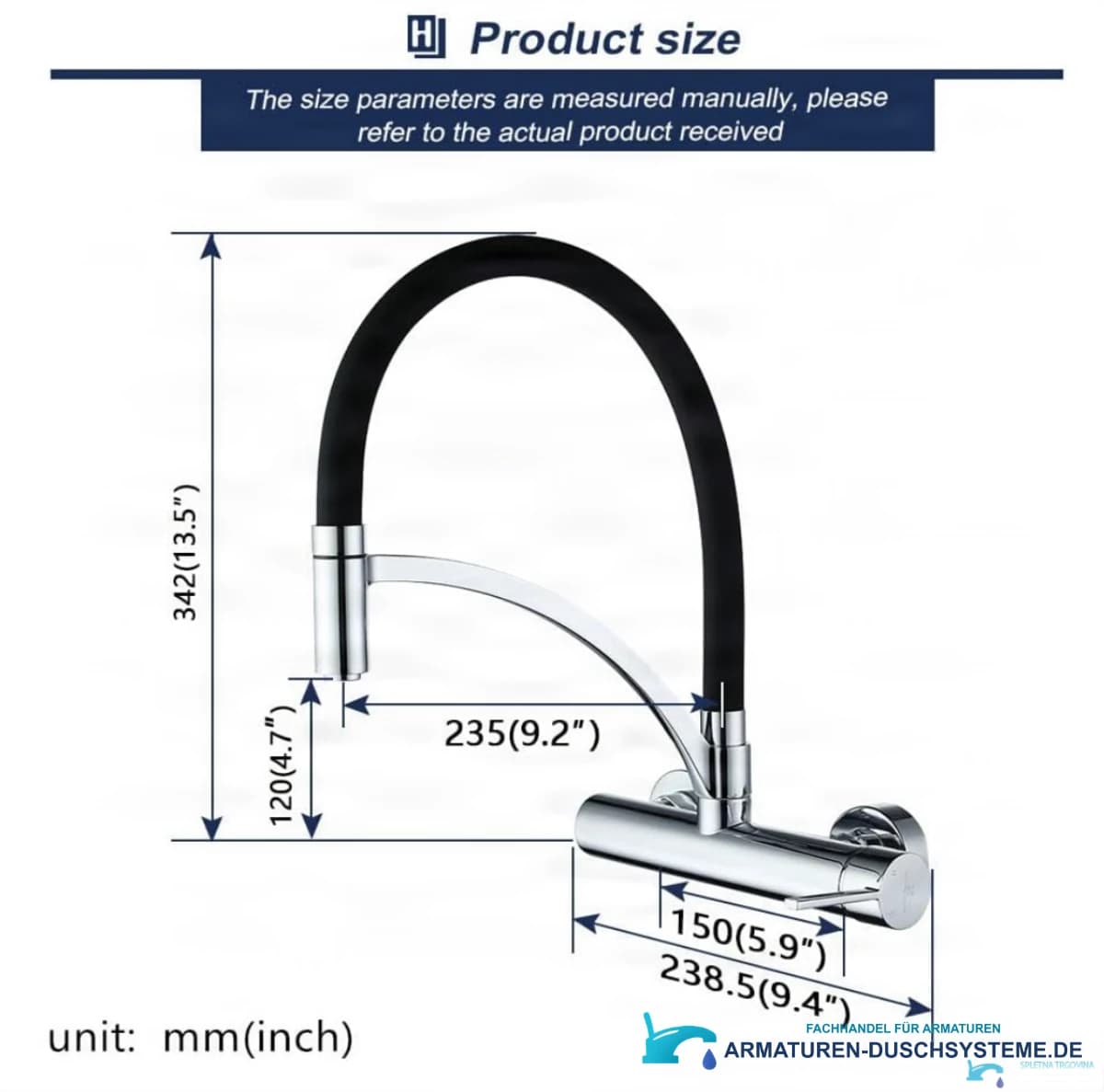 Technische Zeichnung der Wand-Küchenarmatur WL1026 mit 342 mm Höhe und 235 mm Ausladung