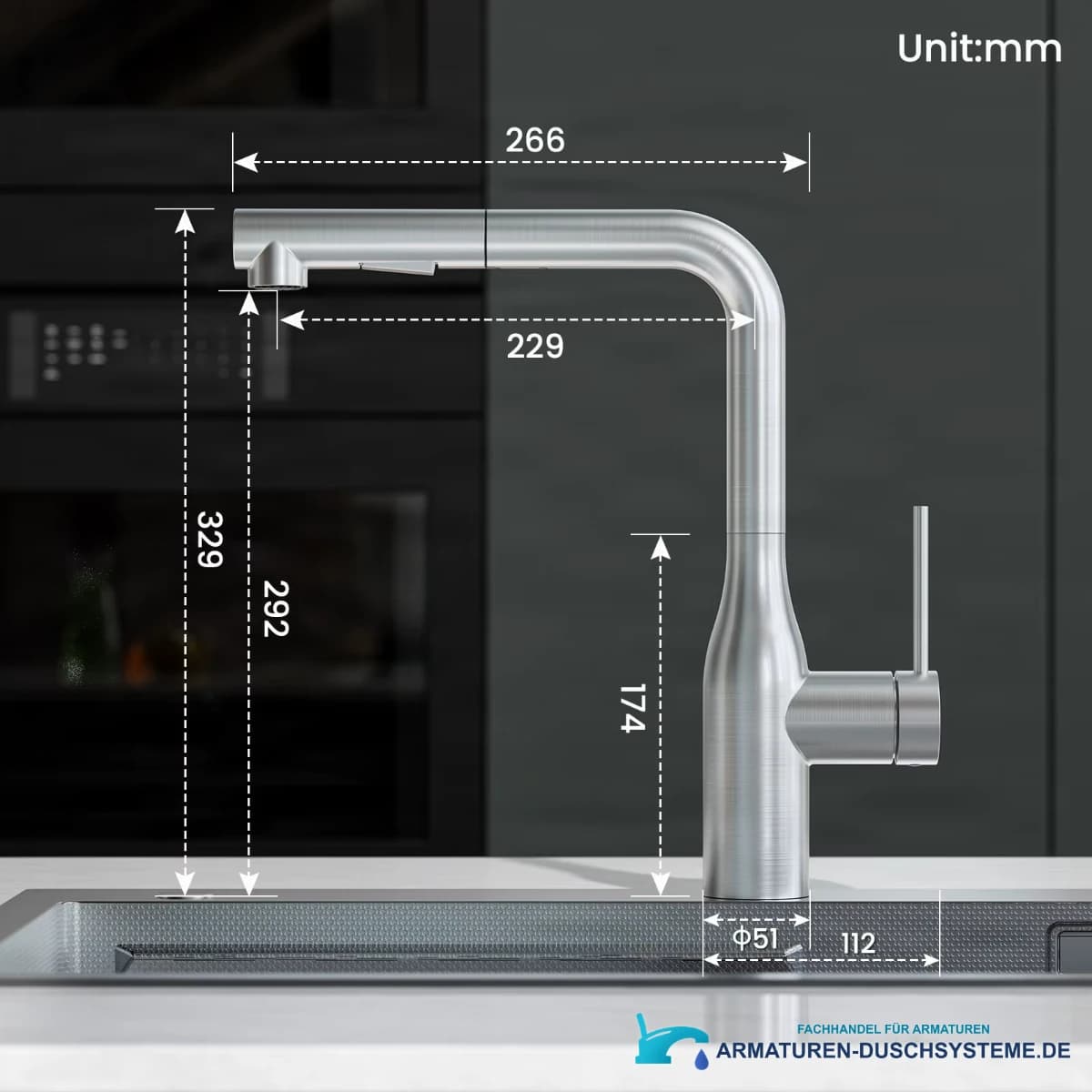Technische Zeichnung der CECIPA MAX Küchenarmatur ELITE EDITION KF1699 mit 329 mm Höhe