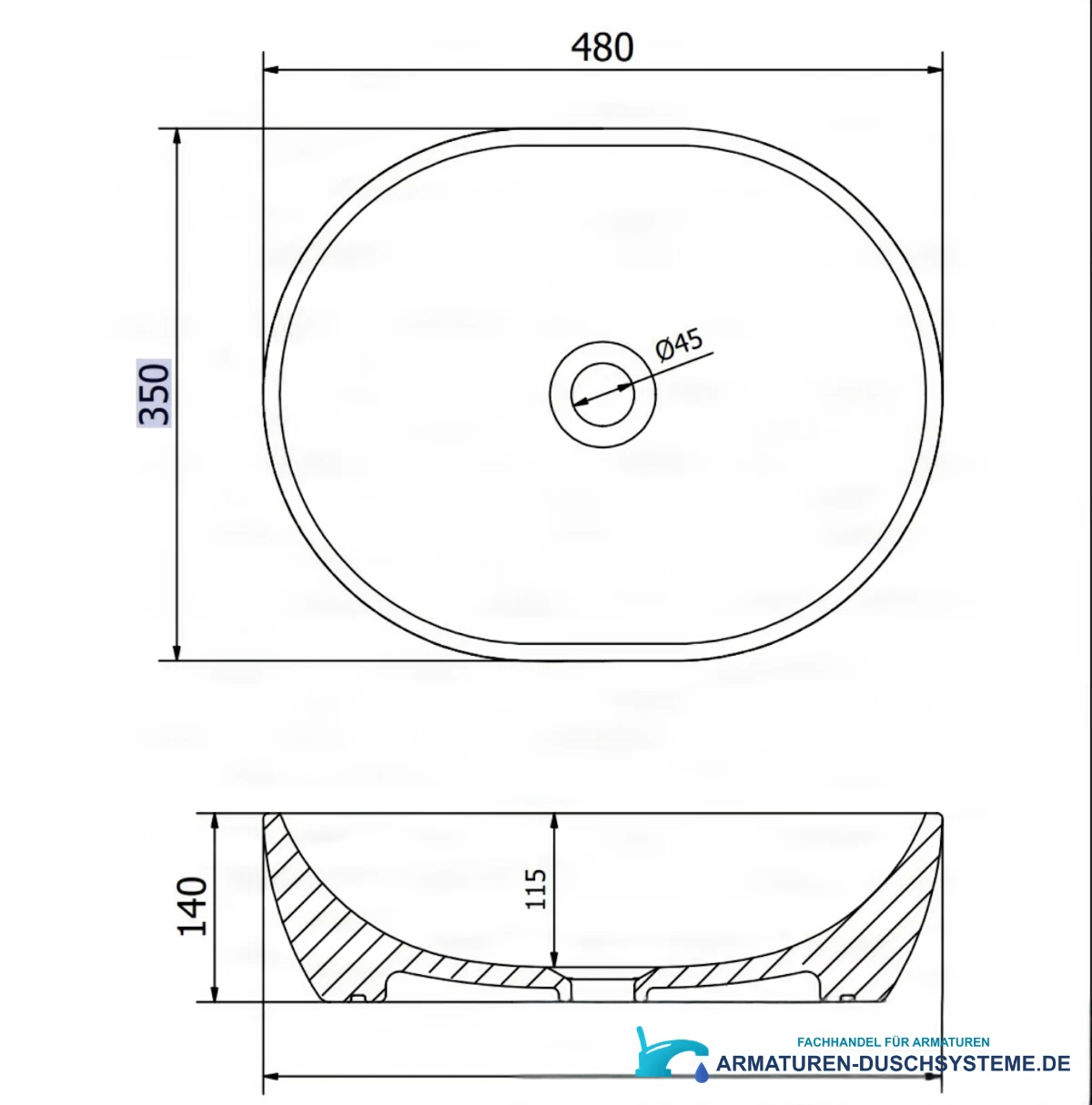 Technische Zeichnung des Aufsatzwaschbeckens GU1798 (480 × 350 × 140 mm, Ablauf Ø 45 mm)