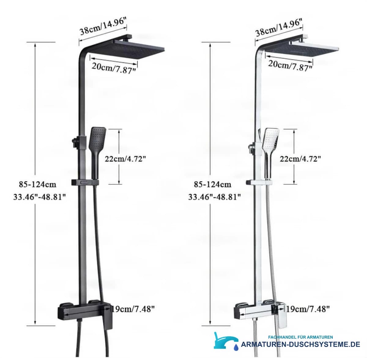 Technische Zeichnung Aufputz-Duschsystem BT1048 (85–124 cm, 38 cm, 20 cm)