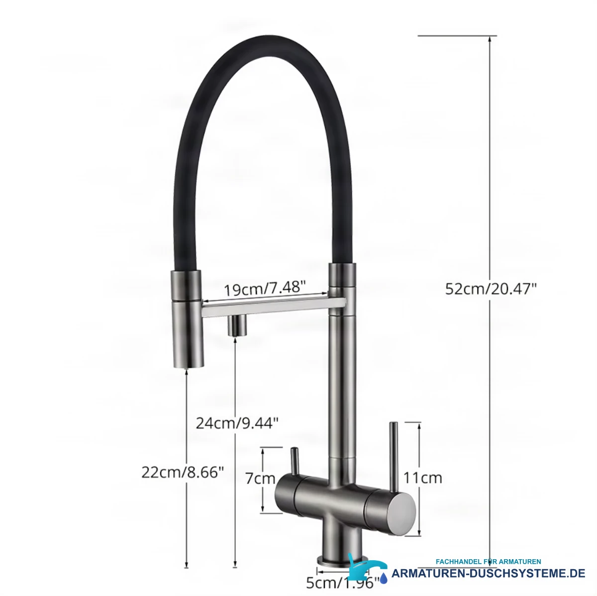 Technische Zeichnung der Filter-Küchenarmatur ELITE EDITION KA1643 mit 52 cm Höhe