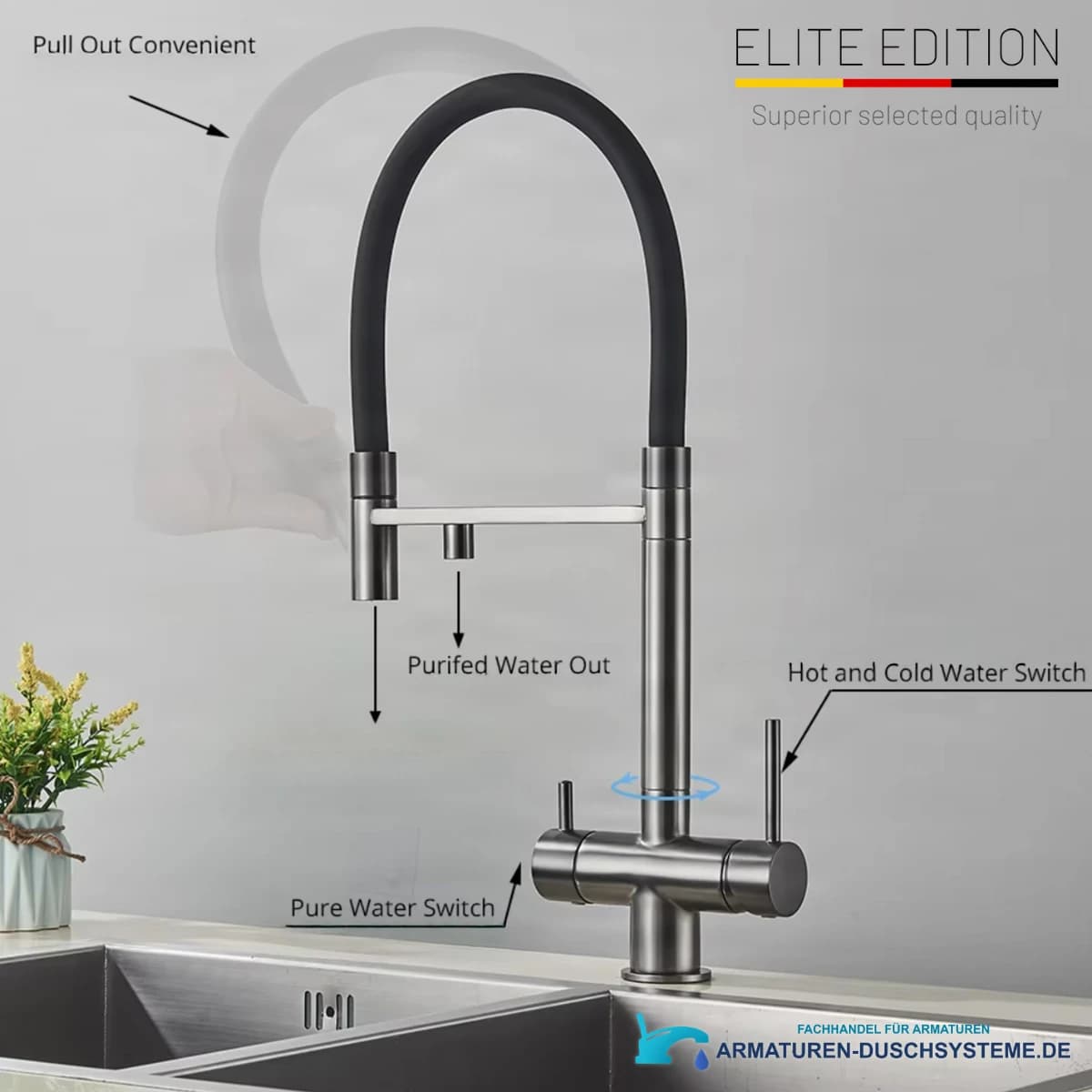 Funktionen der Filter-Küchenarmatur Elite Edition KA1643 mit zwei Wasserauslässen