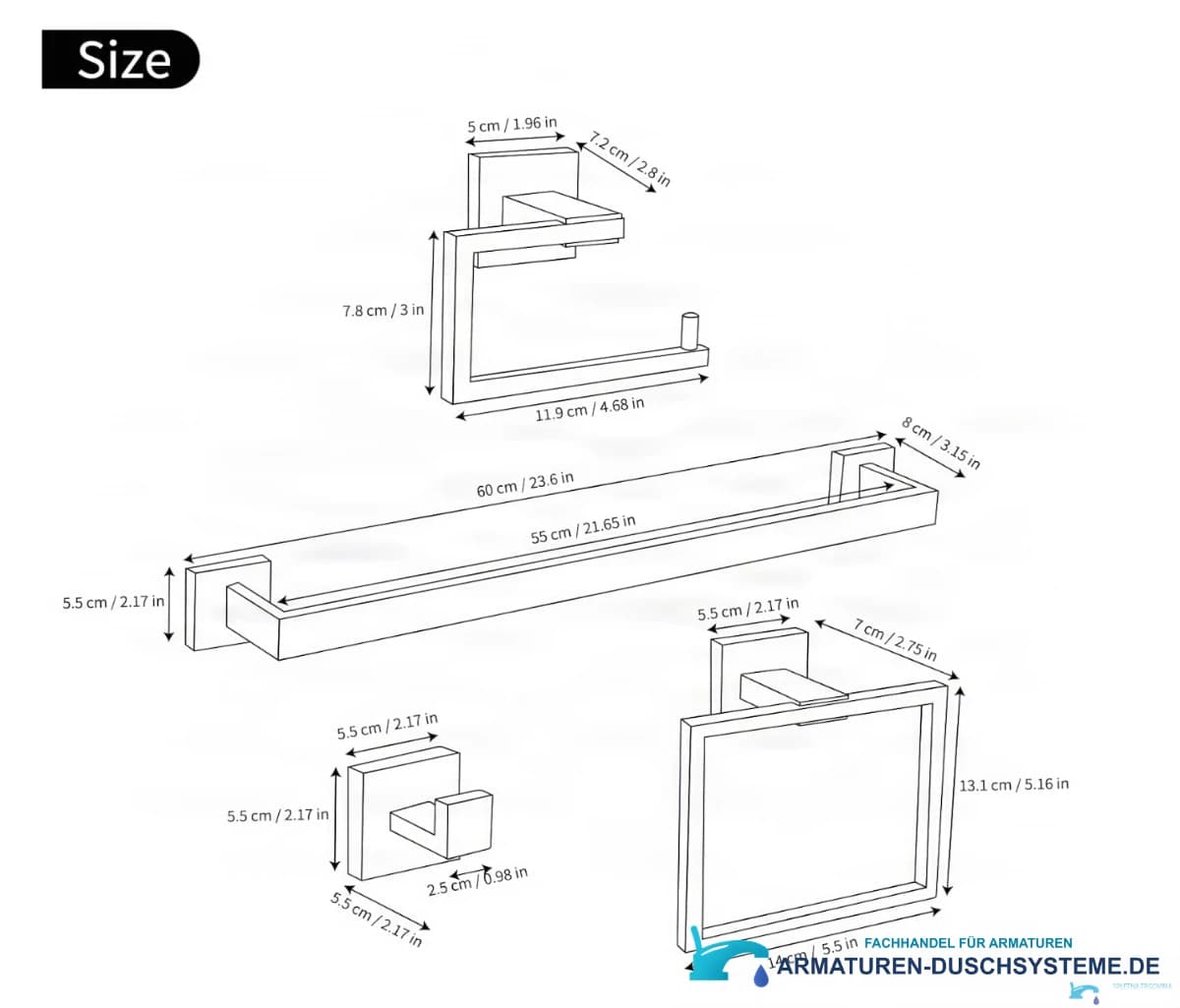 Technische Zeichnung des Badezimmer-Accessoire-Sets BA1214 mit Handtuchstange, Ring, Halter und Haken