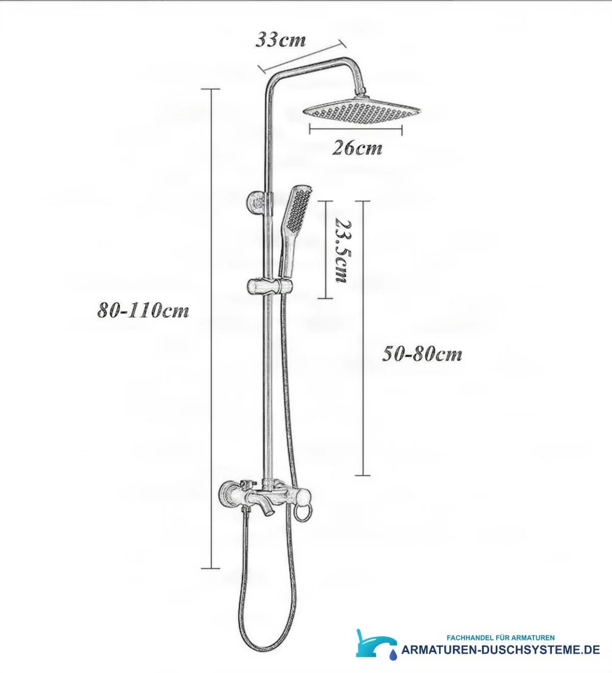 Technische Zeichnung des Duschsystems EYN BSE1250 (80–110 cm, Kopfbrause 26 cm)