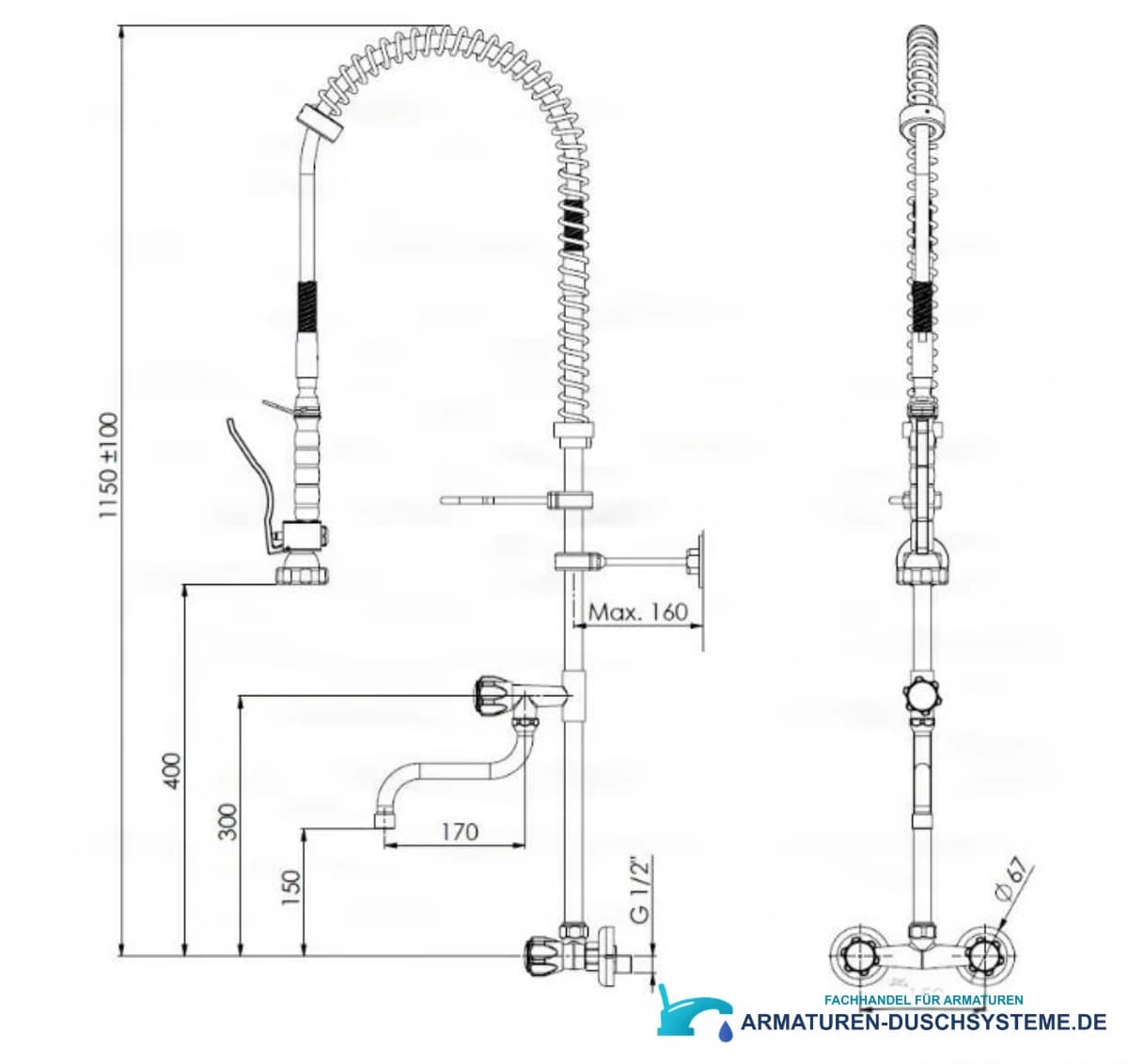 Technische Zeichnung der professionellen Küchenarmatur EYN SZ0029 (1150 ± 100 mm, G1/2)