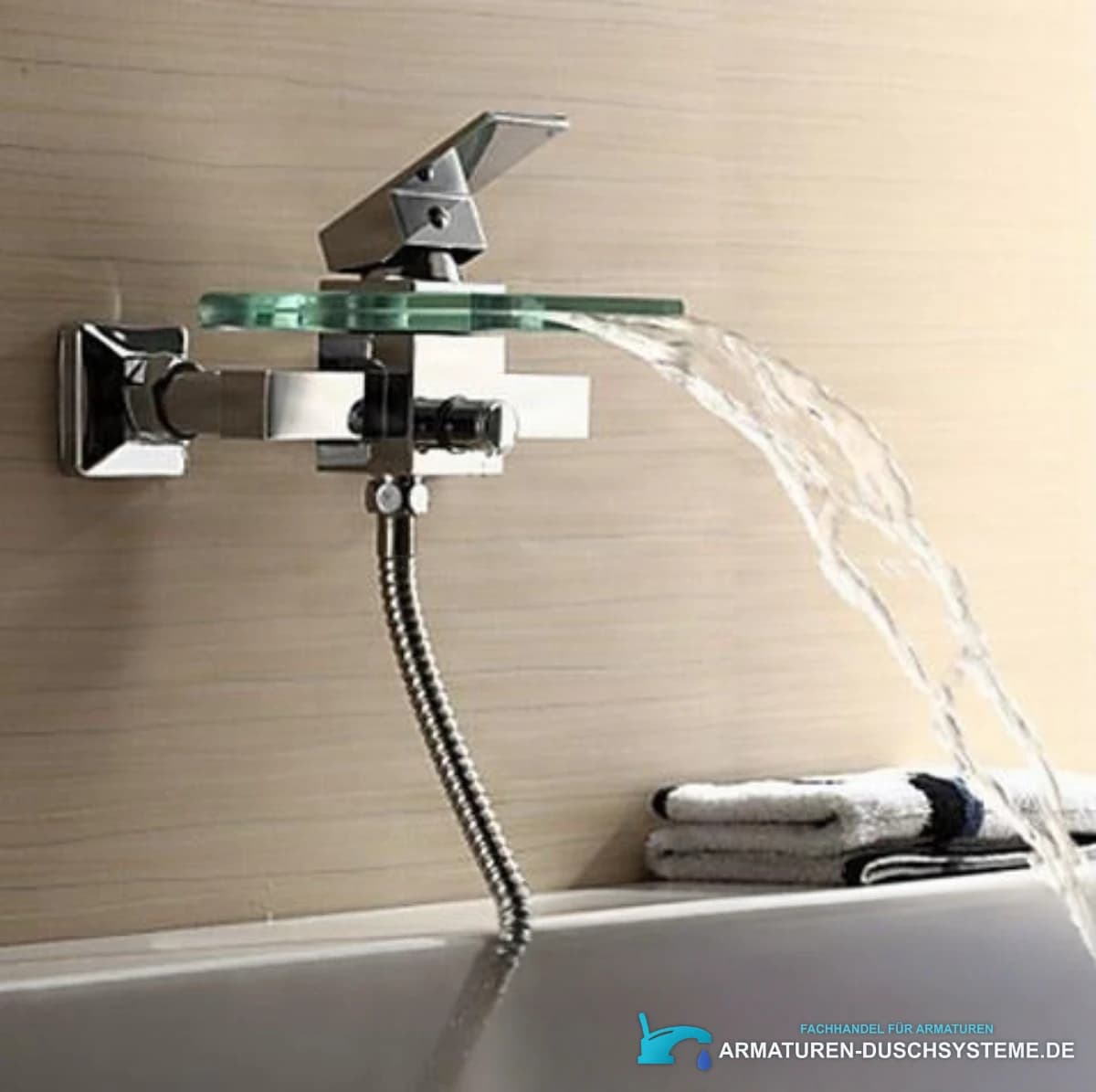 Glas-Wannenarmatur SK9024 zur Wandmontage mit Wasserfallauslauf in Chrom