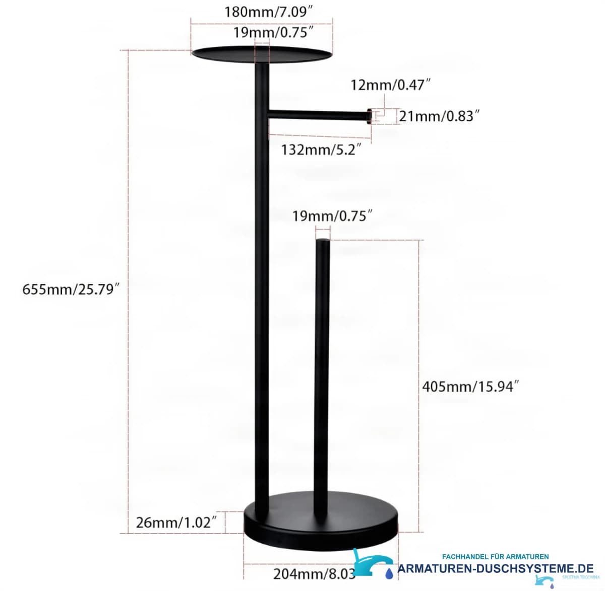 Technische Zeichnung des Toilettenpapierhalters TG0910 (655 mm hoch, Basis 204 mm)