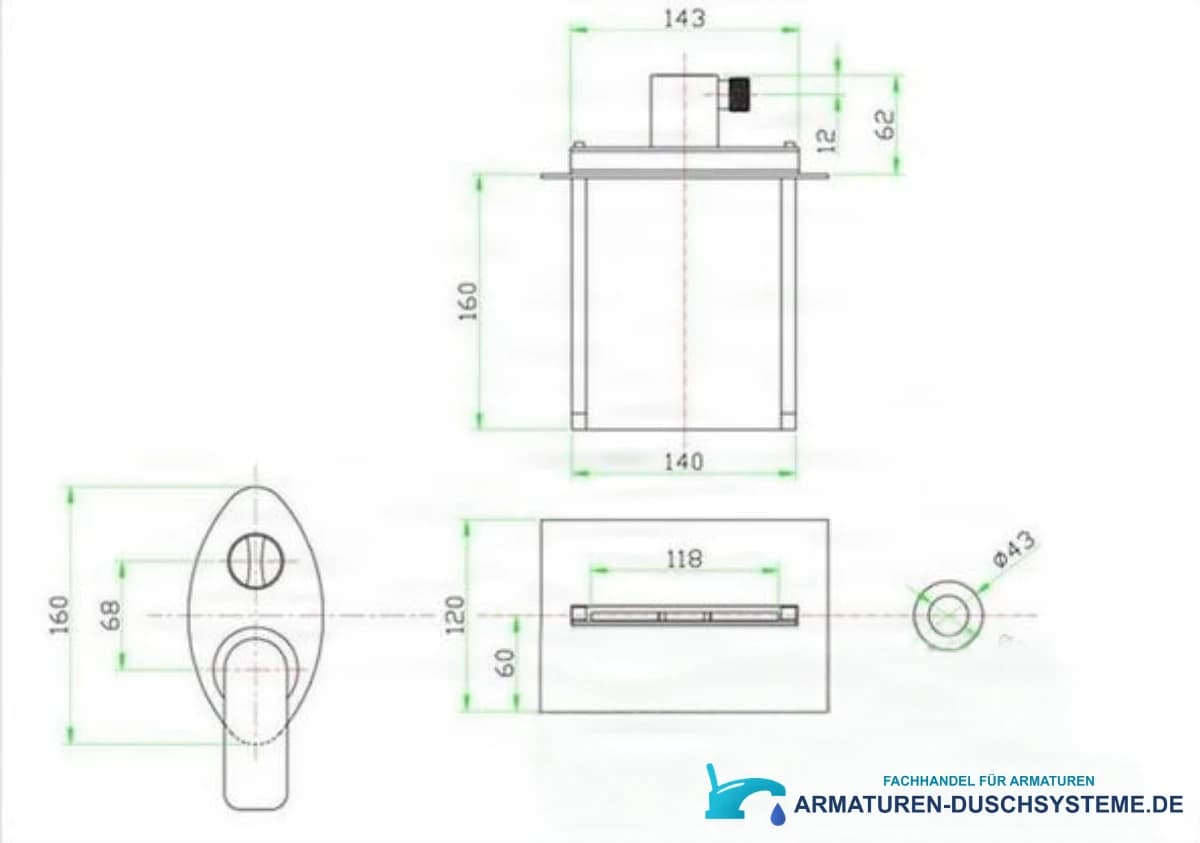 Technische Zeichnung der Unterputz-Wannenarmatur mit LED-Beleuchtung PSK7917 (160 × 143 × 62 mm)