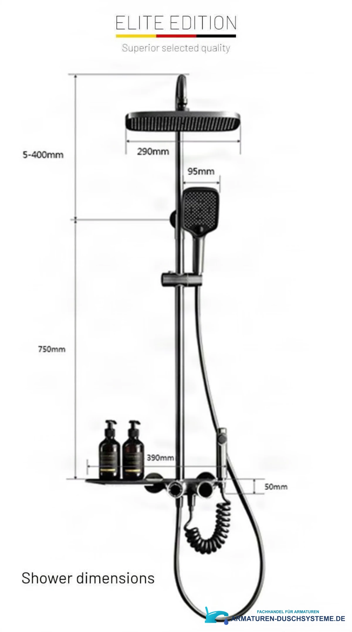 Technische Zeichnung des Aufputz-Duschsystems SH1857 (Kopfbrause 290 mm, Ablage 390 mm)