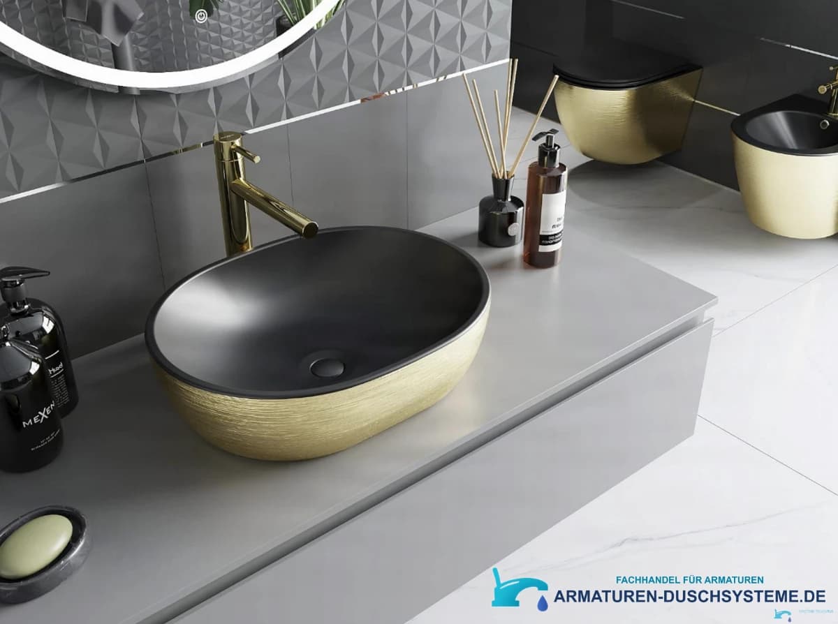 Deluxe-Aufsatzwaschbecken GU1798 in Mattschwarz und gebürsteter Goldoptik