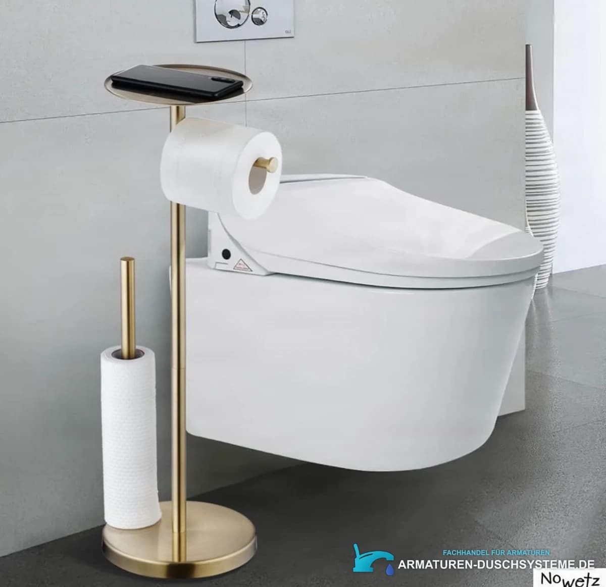 Freistehender Toilettenpapierhalter mit Handyablage TG0910 in gebürstetem Gold