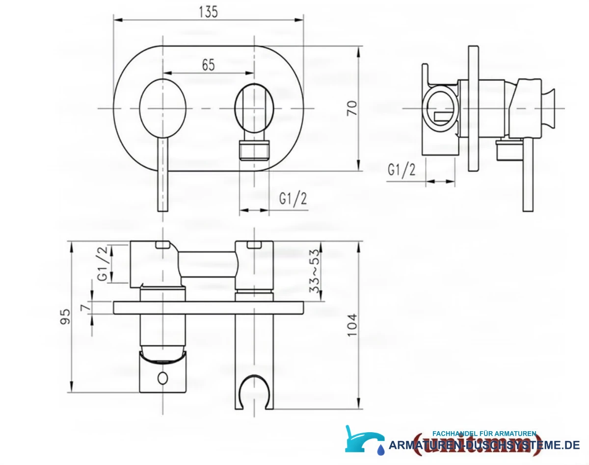 Technische Zeichnung der Bidet-Unterputzarmatur BB1637 (135 × 70 mm, G1/2)