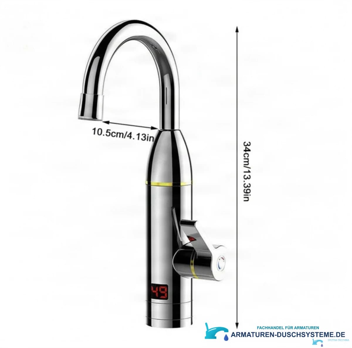 Technische Zeichnung der beheizten Küchenarmatur HC-1433 (34 cm Höhe, 10,5 cm Ausladung)