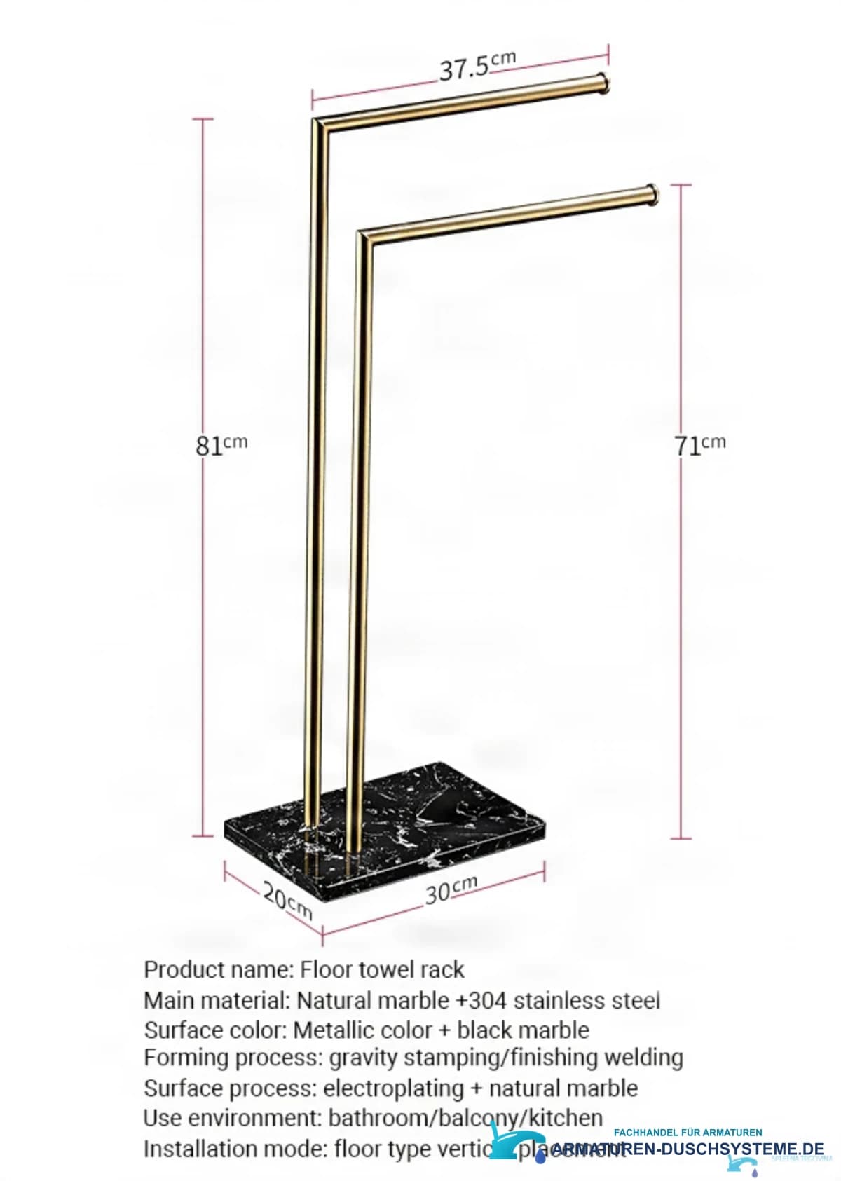 Technische Zeichnung des freistehenden Handtuchhalters TH8899 (81 × 37,5 cm)