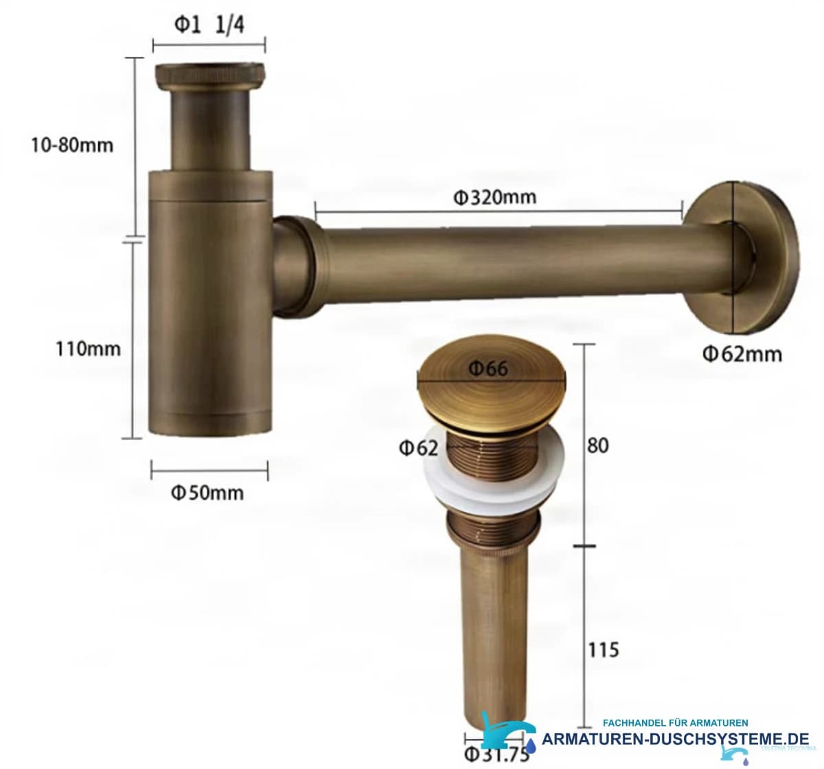 Technische Zeichnung des Pop-up-Siphons SAQ1556 mit 320-mm-Wandrohr und 1¼-Zoll-Anschluss
