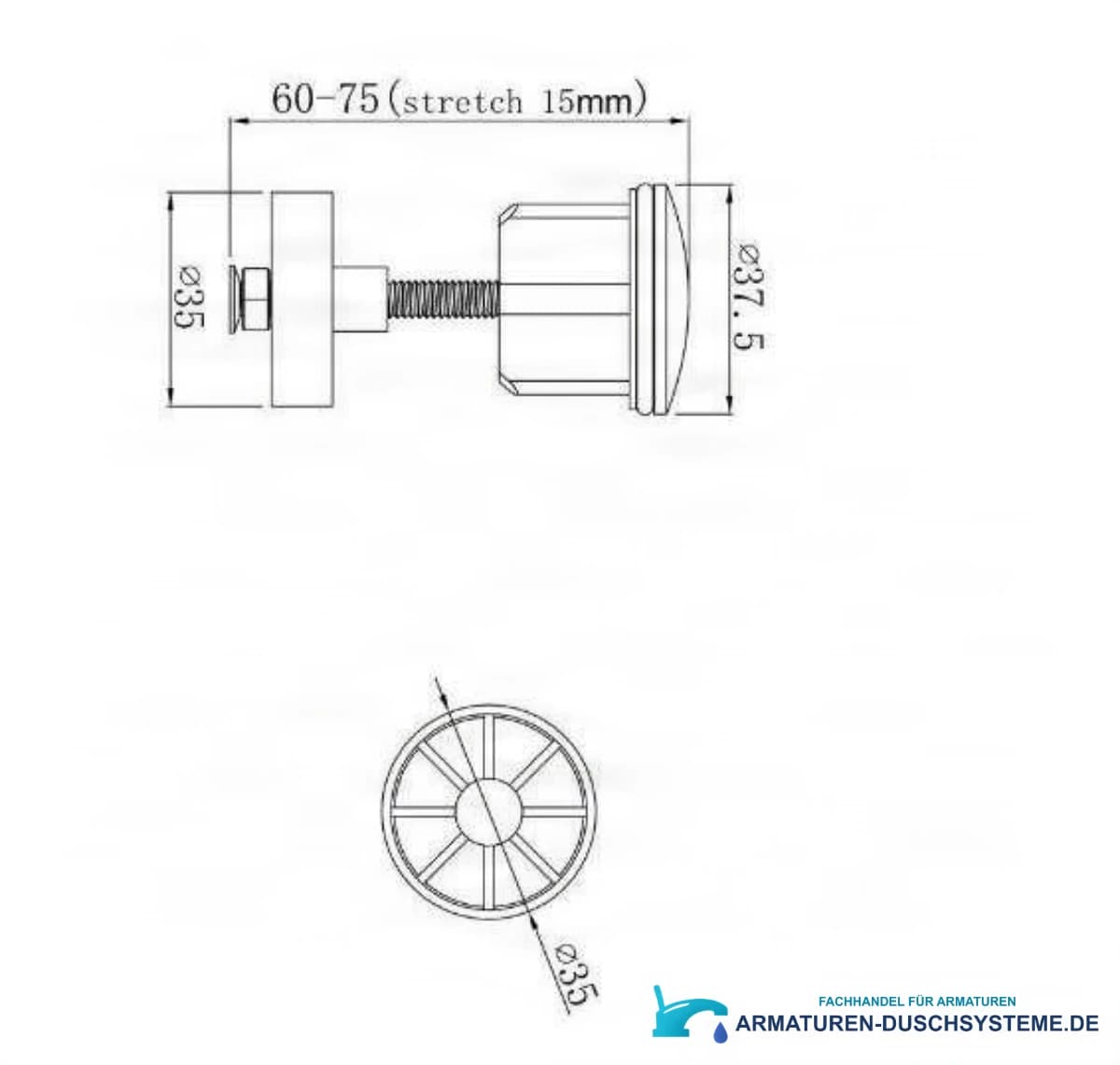 Technische Zeichnung des Waschbeckenstopfens EYN C1102 (60–75 mm, Ø 37,5 mm)