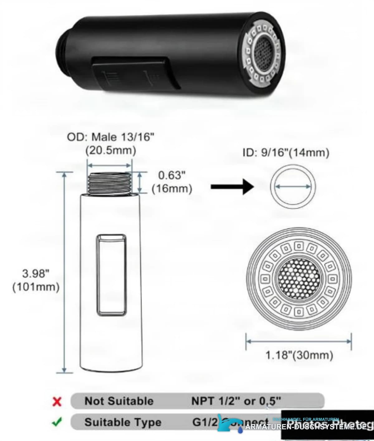 Technische Zeichnung des Küchenarmatur-Sprühkopfs PKF1422 (101 × 30 mm, G1/2)