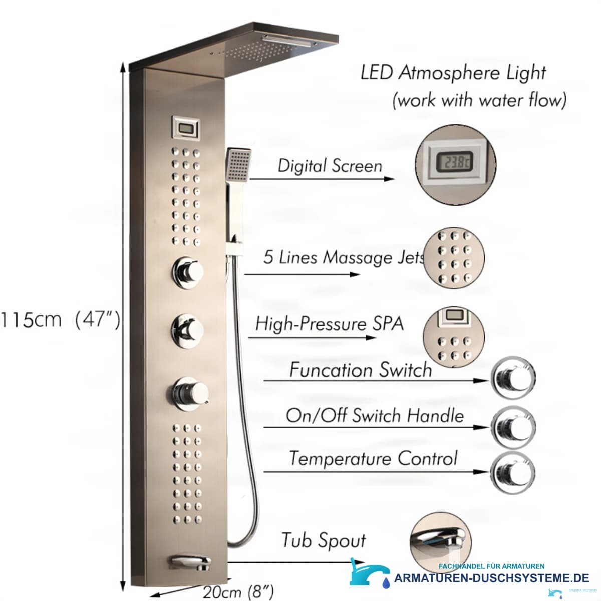Spezifikationen des thermostatischen Eck-Duschpaneels TP1912L: LED-Licht, Digitalanzeige und Massagedüsen