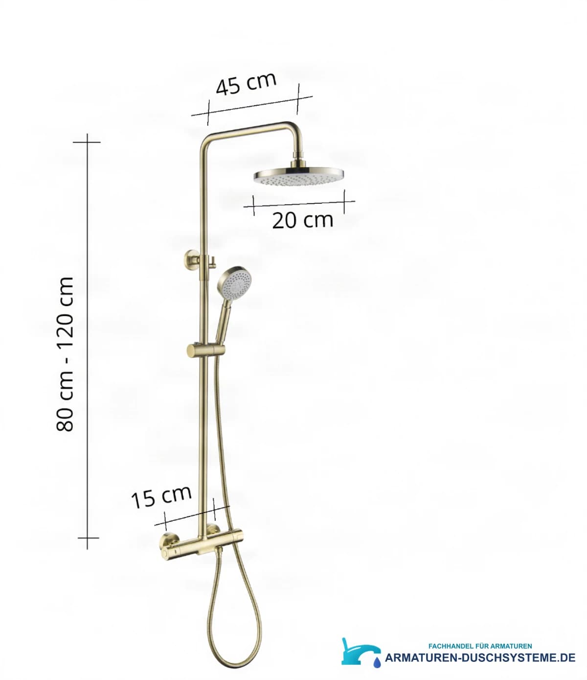 Technische Zeichnung des thermostatischen Aufputz-Duschsystems GT2251 (80–120 cm, 45 cm, 20 cm)