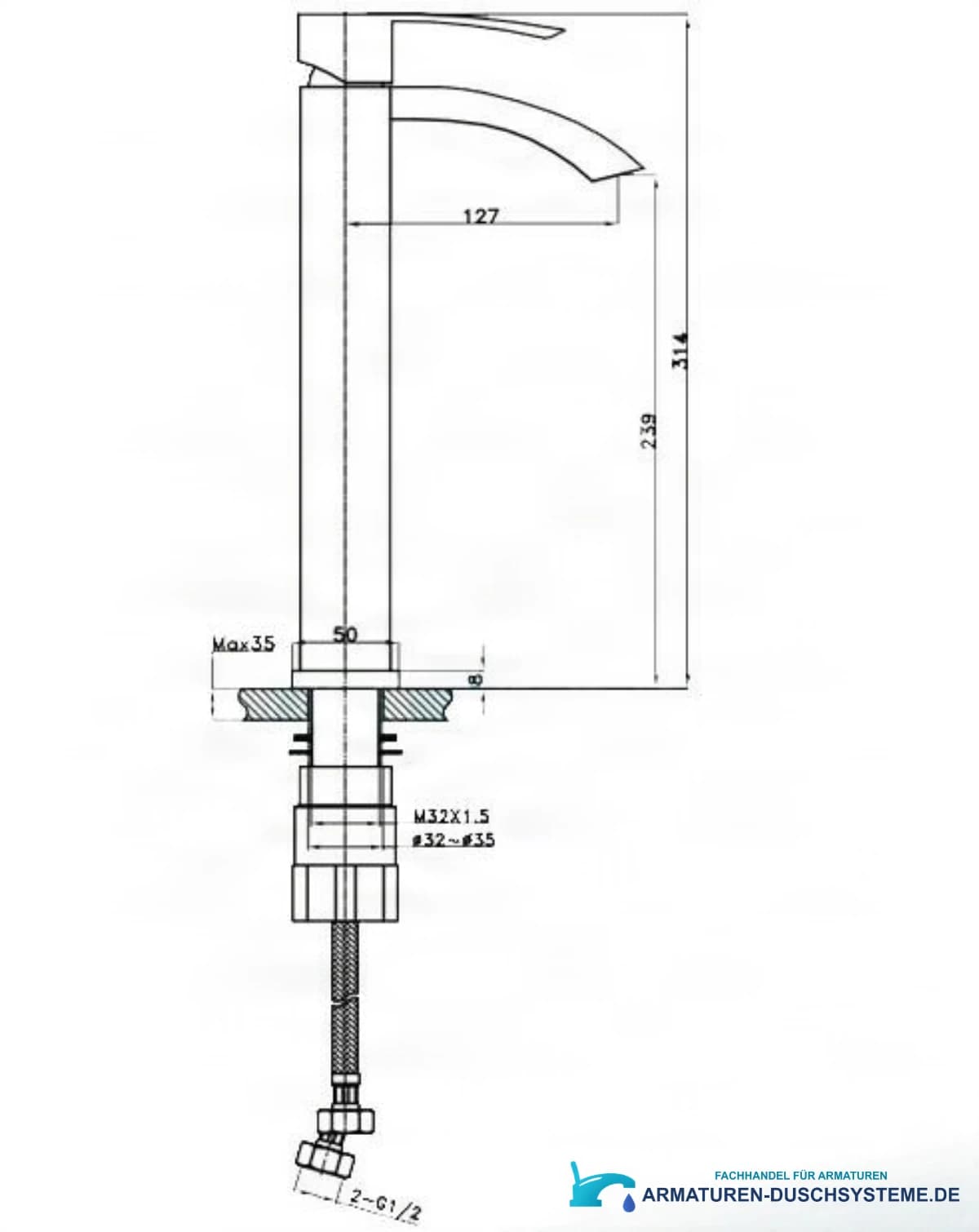 Technische Zeichnung der Badarmatur EYN 017 (314 mm, Ausladung 127 mm)