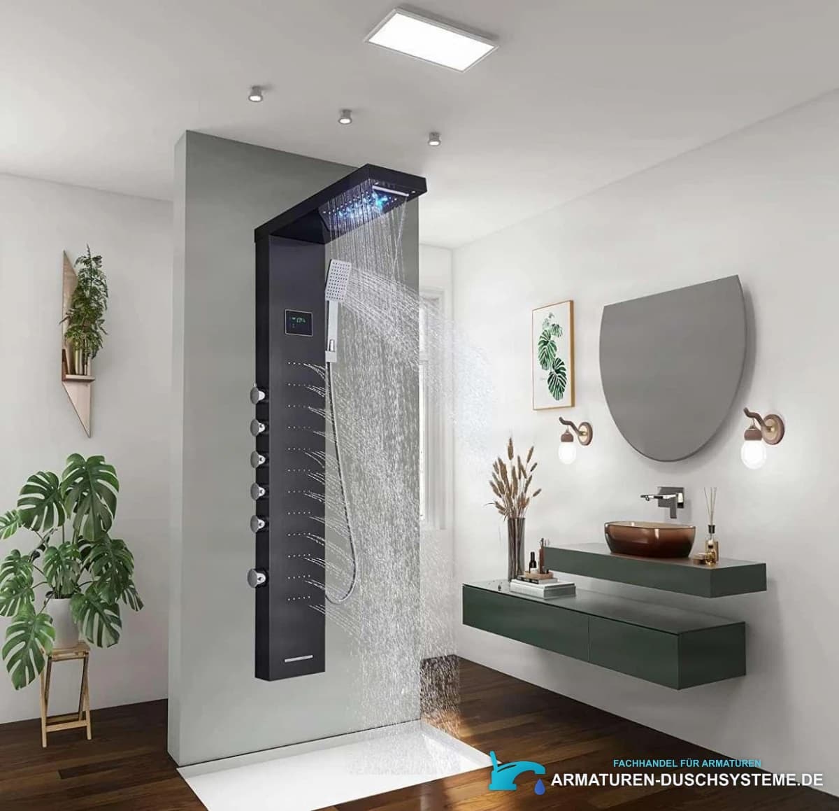 Aufputz-Duschsystem EYN BSP2040 mit LED-Display, Wasserfallauslauf und Massagedüsen in Nickel oder Schwarz — Ansicht 1