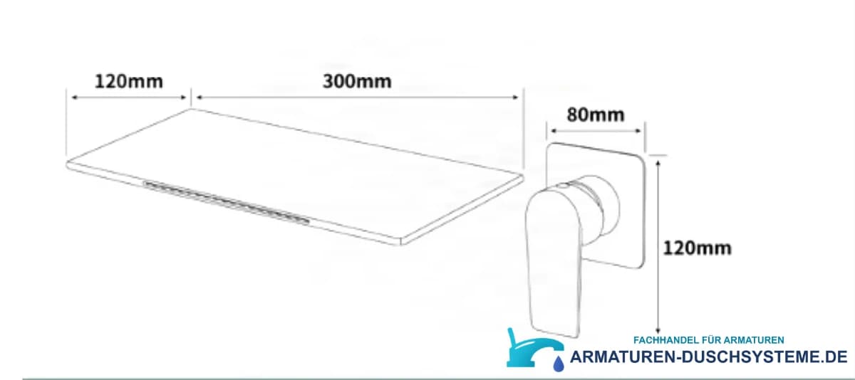 Technische Zeichnung der Wasserfall-Mischarmatur BSW1722 mit 300 × 120 mm Auslauf und 80 × 120 mm Rosette