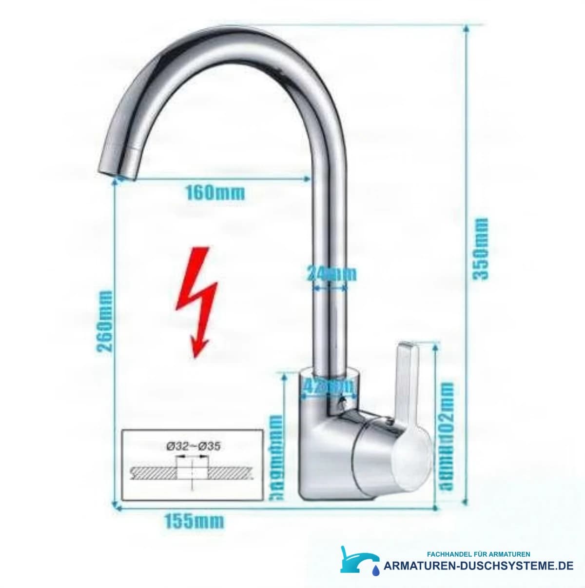 Technische Zeichnung der Niederdruck-Küchenarmatur EYN NT1220 (350 mm Höhe, 160 mm Ausladung)