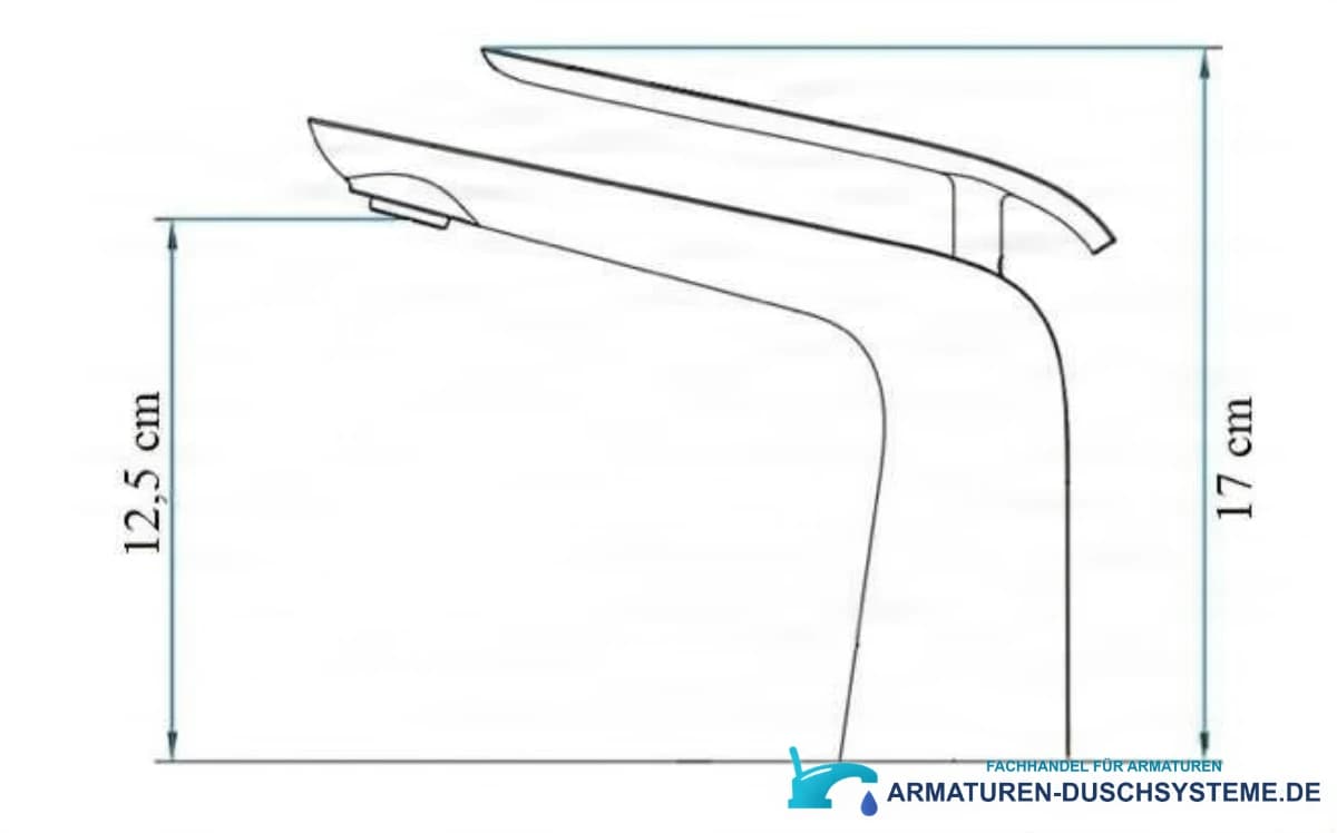 Technische Zeichnung der Waschtischarmatur woo-6963 mit 17 cm Gesamthöhe und 12,5 cm Auslaufhöhe