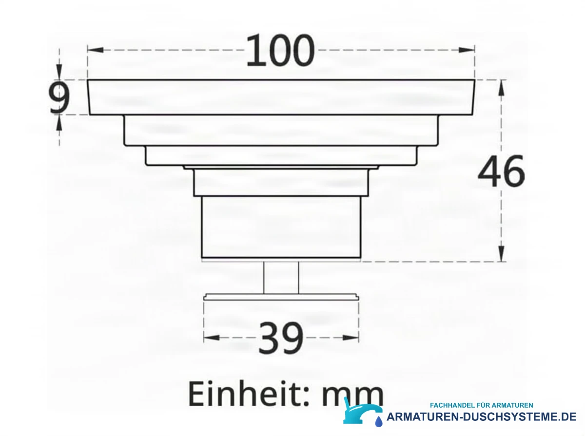 Technische Zeichnung des quadratischen Duschablaufs AS2151 (100 mm, 46 mm, 39 mm)